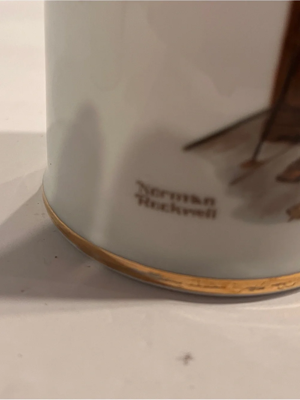 Vintage 1985 Norman Rockwell White and Gold Illustrated Ceramic Mugs - Pair